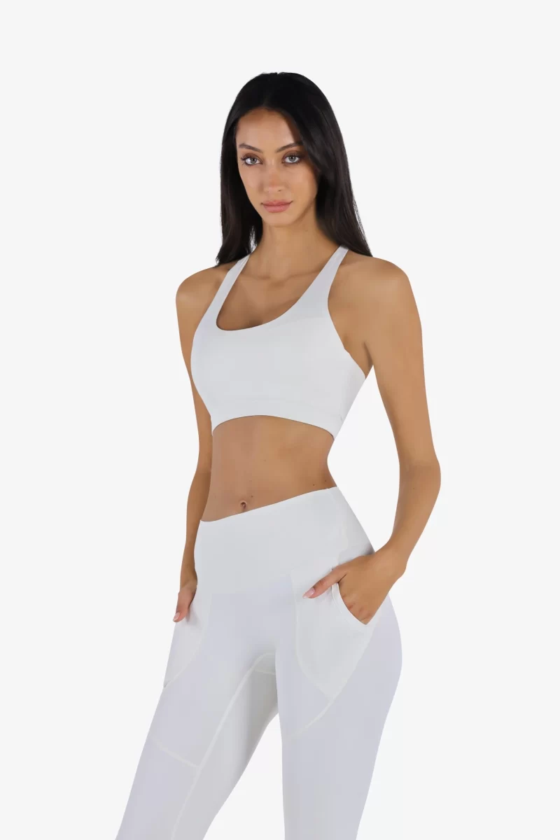 YesEco Women's White Activewear Set | Sustainable Padded Sports Bra and Pant with Breathable and Stretchable Fabric: 75% Recycled Nylon, 25% Spandex